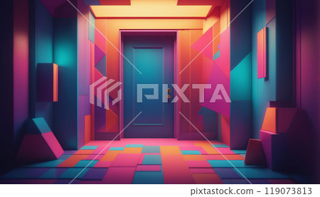 Graphic representation of an entrance door or passageway in neon colors in an illustrative style Graphic representation of an entrance door or passageway in neon colors in an illustrative style 119073813