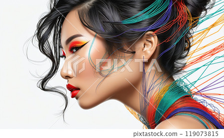Conceptual representation of the head of a woman or fashion model with very colorful makeup, graphic objects and lines in an illustrative style - ai generated 119073815