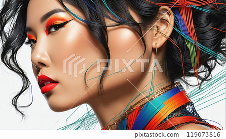 Conceptual representation of the head of a woman or fashion model with very colorful makeup, graphic objects and lines in an illustrative style - ai generated 119073816