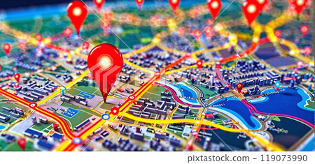 Connected waymarks or highlighted points, show the way to the desired destination on a route on a map or in a landscape 119073990