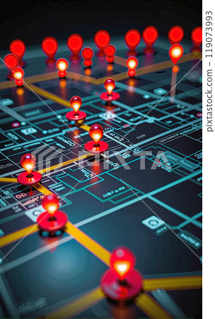 Connected waymarks or highlighted points, show the way to the desired destination on a route on a map or in a landscape 119073993