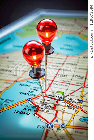 Connected waymarks or highlighted points, show the way to the desired destination on a route on a map or in a landscape 119073994
