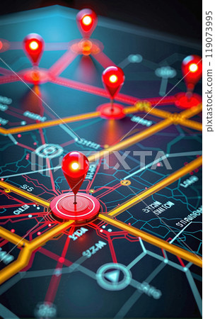 Connected waymarks or highlighted points, show the way to the desired destination on a route on a map or in a landscape 119073995
