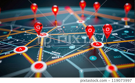 Connected waymarks or highlighted points, show the way to the desired destination on a route on a map or in a landscape 119073997