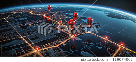 Connected waymarks or highlighted points, show the way to the desired destination on a route on a map or in a landscape 119074002