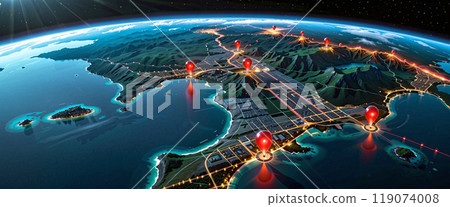 Connected waymarks or highlighted points, show the way to the desired destination on a route on a map or in a landscape Connected waymarks or highlighted points, show the way to the desired destination on a route on a map or in a landscape 119074008