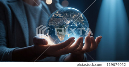 Long exposure of a commuter route with public transportation in a large city for inner-city transport of passengers at night 119074032