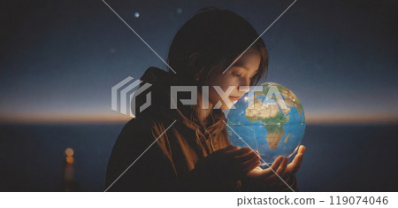 Long exposure of a commuter route with public transportation in a large city for inner-city transport of passengers at night 119074046