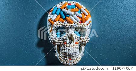 Conceptual visualization of a skull made of drugs, tablets and capsules, deadly consequences of drug abuse, opioid crisis 119074067