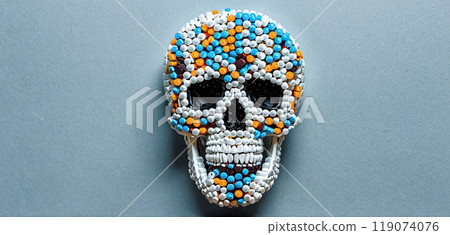 Conceptual visualization of a skull made of drugs, tablets and capsules, deadly consequences of drug abuse, opioid crisis 119074076