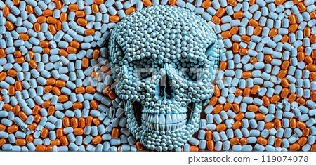 Conceptual visualization of a skull made of drugs, tablets and capsules, deadly consequences of drug abuse, opioid crisis 119074078