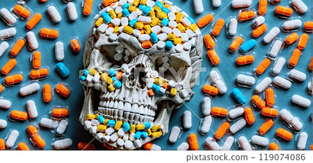 Conceptual visualization of a skull made of drugs, tablets and capsules, deadly consequences of drug abuse, opioid crisis 119074086