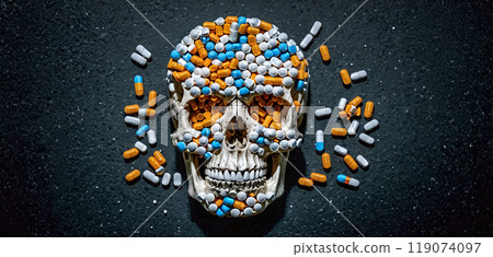 Conceptual visualization of a skull made of drugs, tablets and capsules, deadly consequences of drug abuse, opioid crisis 119074097
