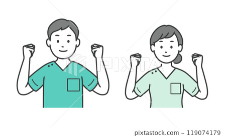Upper body illustration of a male and female dentist posing with both hands 119074179