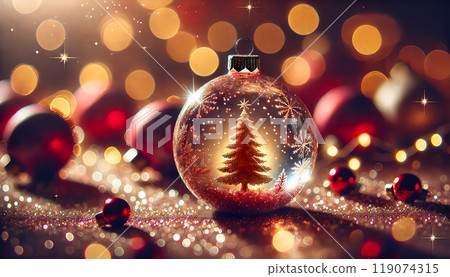 Christmas background material: Christmas tree reflected in ornaments, red 119074315