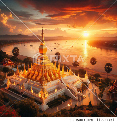 湄公河日落和寶塔佛教寺廟 119074351