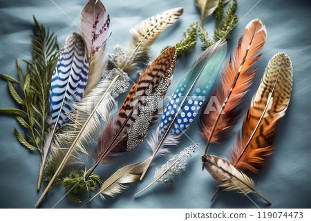 Colorful and mysterious bird feathers 119074473