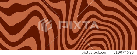 Retro coffee color background. Milk chocolate liquid desert texture. Wavy swirl candy pattern for poster, cover, banner, pamphlet. Vintage brown trippy hippie wallpaper in 60s or 70s style. Vector 119074586