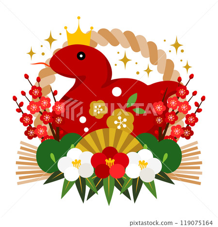 Triple camellia, snake year new year card icon, shimekazari decoration, red snake, cute, illustration Triple camellia, snake year new year card icon, shimekazari decoration, red snake, cute, illustration 119075164