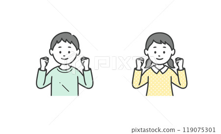 Upper body illustration of a boy and girl posing with both hands 119075301