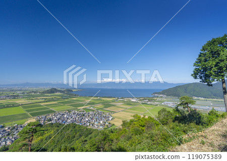 View of the countryside in the direction of Lake Biwa from the summit of Mt. Hachiman 119075389