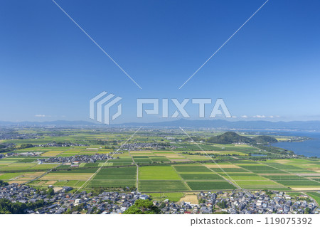 View of the countryside in the direction of Lake Biwa from the summit of Mt. Hachiman View of the countryside in the direction of Lake Biwa from the summit of Mt. Hachiman 119075392
