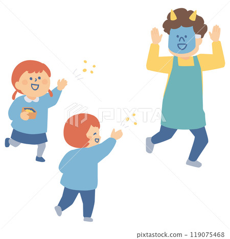 孩子丟豆子和扮演惡魔角色的老師的節分插圖 孩子丟豆子和扮演惡魔角色的老師的節分插圖 119075468