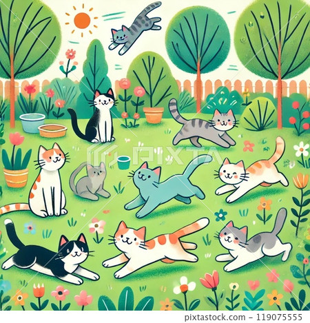 Illustration of a cat enjoying spring in the spring forest 119075555