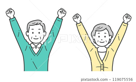 Upper body illustration of an elderly man and woman making a fist pump with both hands 119075556