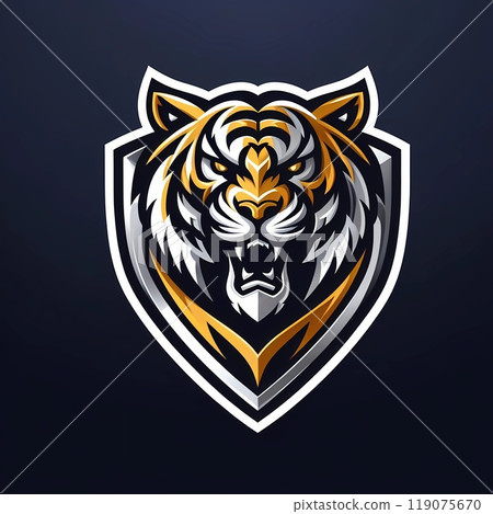 Gold and silver metallic tiger head logo on black background Gold and silver metallic tiger head logo on black background 119075670