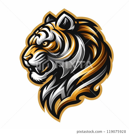 Tiger head logo in metallic gold and silver color combination, white background  119075928