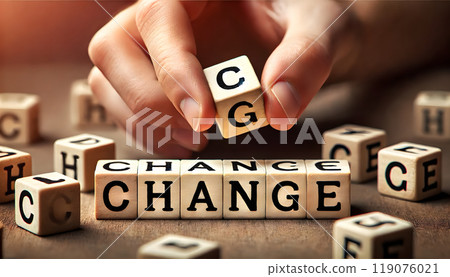 CHANCE and CHANGE. Symbolic visuals of change and opportunity using wooden blocks. CHANCE and CHANGE. Symbolic visuals of change and opportunity using wooden blocks. 119076021