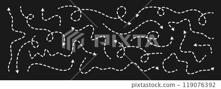 Different dotted thin arrows set. Wavy and curved dashed pointers collection. Squiggle sketchy direction lines. Dots squiggle loop stripe design elements bundle for flyer, poster, brochure. Vector Different dotted thin arrows set. Wavy and curved dashed pointers collection. Squiggle sketchy direction lines. Dots squiggle loop stripe design elements bundle for flyer, poster, brochure. Vector 119076392