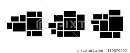 Image collage layout set. Black mosaic mood board grid collection. 9 picture composition arrangement. Photo album template for banner, poster, mockup, flyer, brochure, booklet, memory wall. Vector 119076393