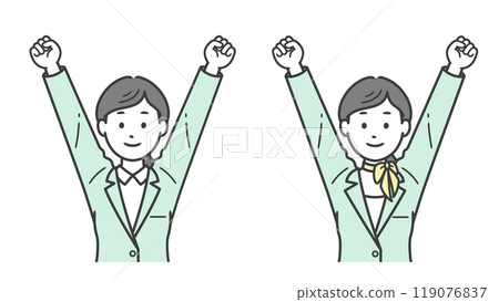 Upper body illustration of a female business man making a fist pump with both hands Upper body illustration of a female business man making a fist pump with both hands 119076837