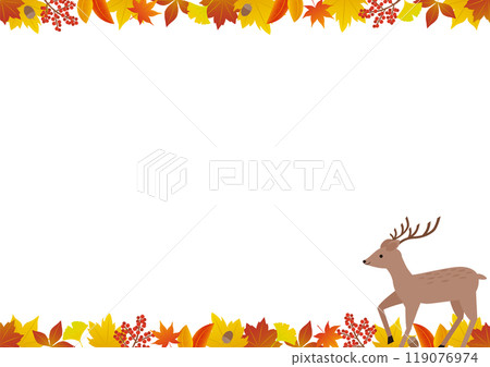 秋天的樹葉和鹿_風景的上下框架插圖 119076974