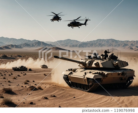 坦克和直升機在荒野中行駛 119076998