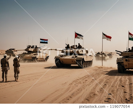 坦克和士兵在荒野中行進 119077054