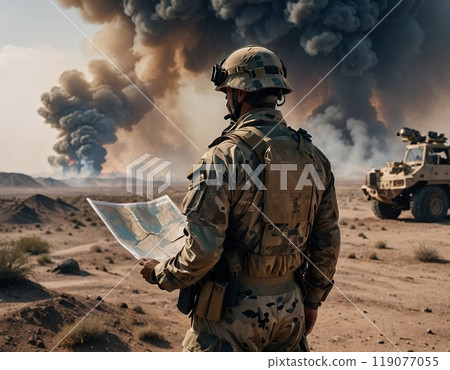 坦克和士兵在荒野中行進 119077055