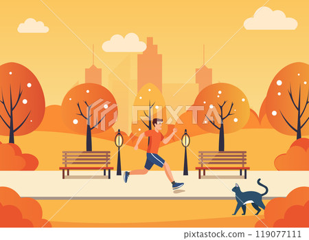 Jogging with a cat in the autumn park 119077111