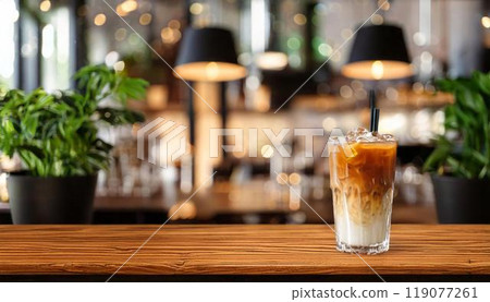 Stylish cafe table and iced cafe latte Stylish cafe table and iced cafe latte 119077261