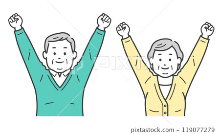 Upper body illustration of an elderly chubby man and woman making a fist pump with both hands 119077279