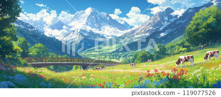 藍天下草地上的綠草插畫 藍天下草地上的綠草插畫 119077526