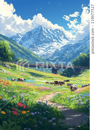 藍天下草地上的綠草插畫 藍天下草地上的綠草插畫 119077527