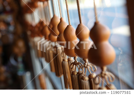 Small gourds displayed by the window 119077581