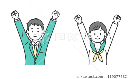 Upper body illustration of male and female students posing with both hands 119077582