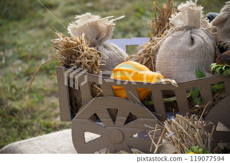 Rustic harvest display with gourds and burlap sacks 119077594