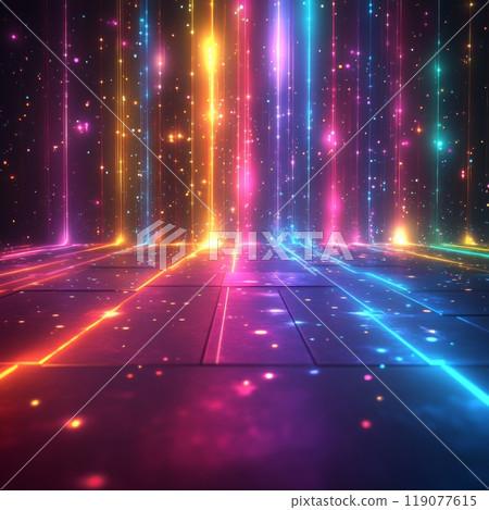 Digital background featuring colorful light beams and stars on the floor Digital background featuring colorful light beams and stars on the floor 119077615
