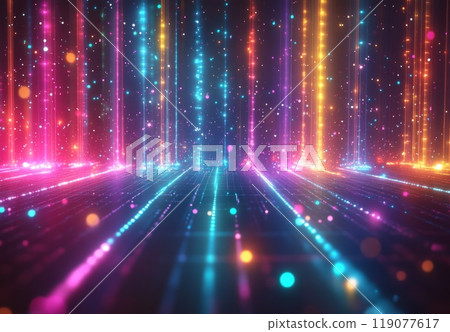 Digital background featuring colorful light beams and stars on the floor Digital background featuring colorful light beams and stars on the floor 119077617
