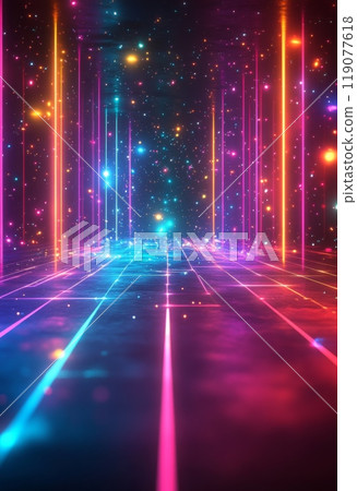 Digital background featuring colorful light beams and stars on the floor Digital background featuring colorful light beams and stars on the floor 119077618